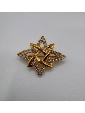 Monet Gold Tone Rhinestone Star Brooch Vintage Signed Geometric Pin